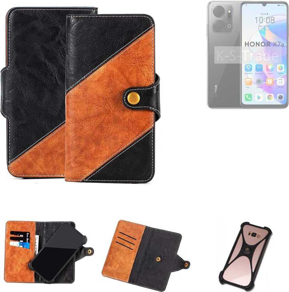 K-S-Trade Handyhülle Schutzhülle Bookstyle Case Wallet-Case kompatibel mit Honor X7a Handy Cover Bumper Klapphülle schwarz hellbraun 1x