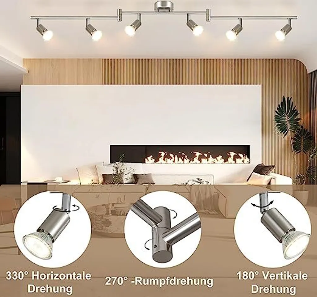 ZMH LED faretto da soffitto 6 fiamme soggiorno - plafoniera moderna lampada da soffitto GU10 spot da soffitto orientabile 350°faro girevole lampada da soffitto in acciaio inox camera da letto interni senza lampadine - 2