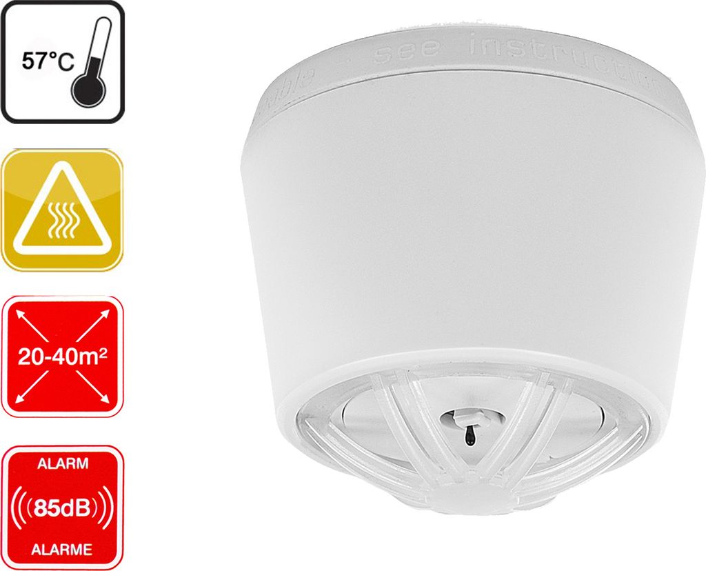 A white smoke detector with several informational icons on the left side.