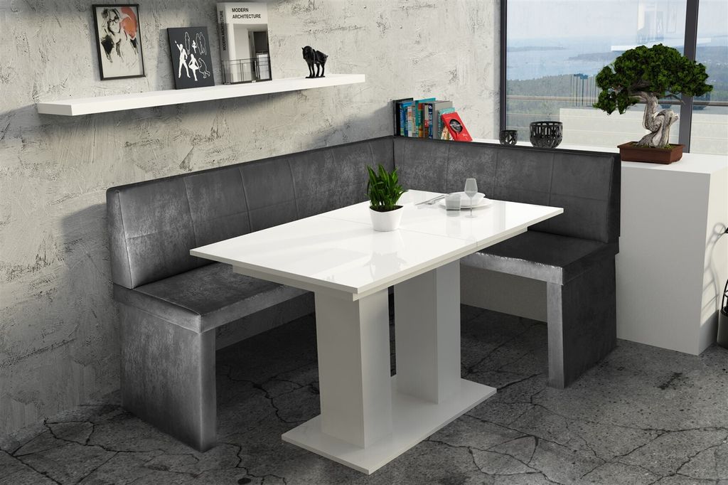 Eckbankgruppe 196x142 cm ROBIN XL L Vin..Schwarz/ Tisch DANTE Weiss