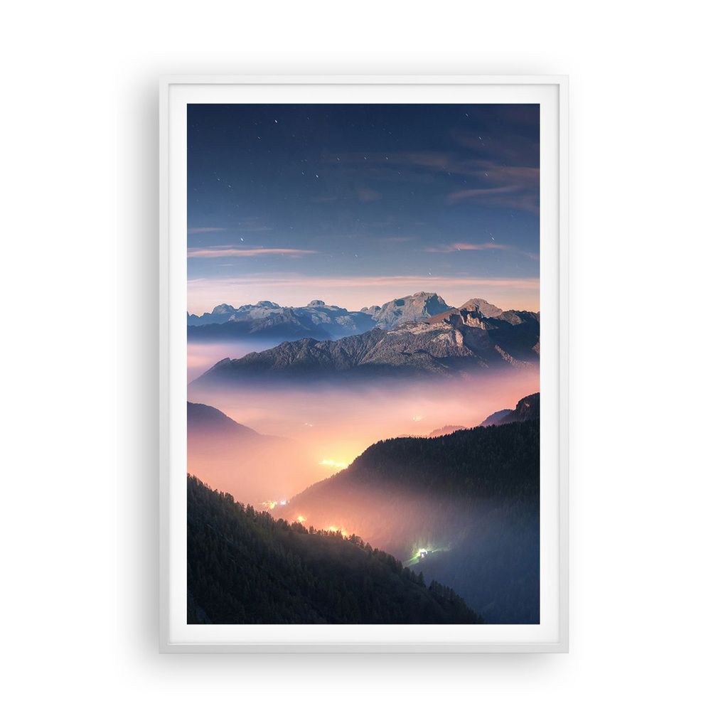 Gerahmtes Poster - Weißer Rahmen - Berge Wolken Nebel - 70x100 cm - Wand Bild - Wanddeko - Wandbilder - Kunstposter - Wandposter - Bilderrahmen - ...