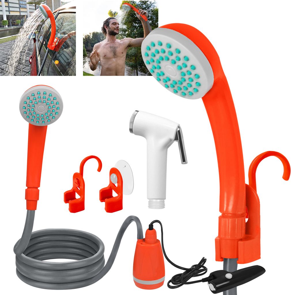 A collage of images showing a portable camping shower kit and its components, with one image depicting a man using the shower outdoors.