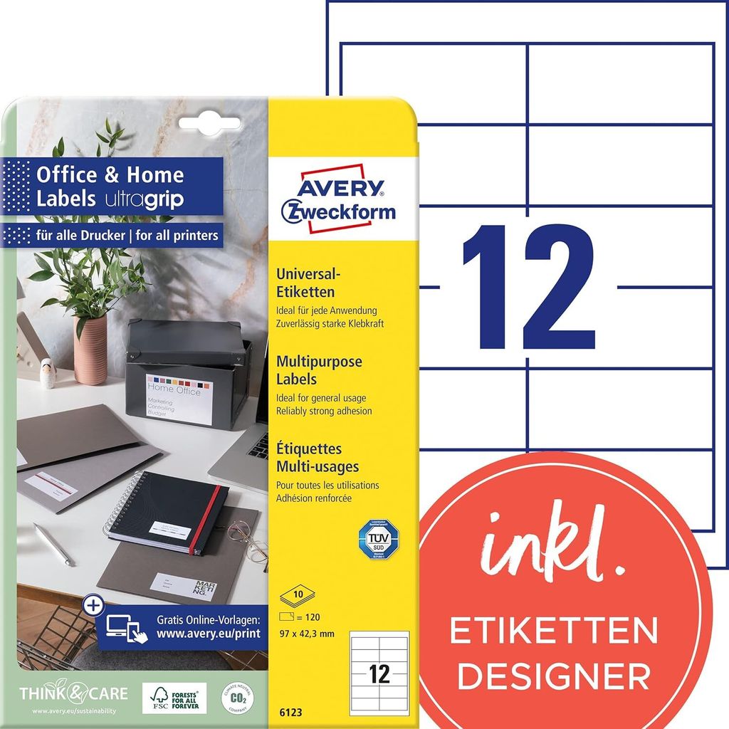 Avery Zweckform 6123 Universal-Etiketten, 97 x 42,3 mm, Produktbild 