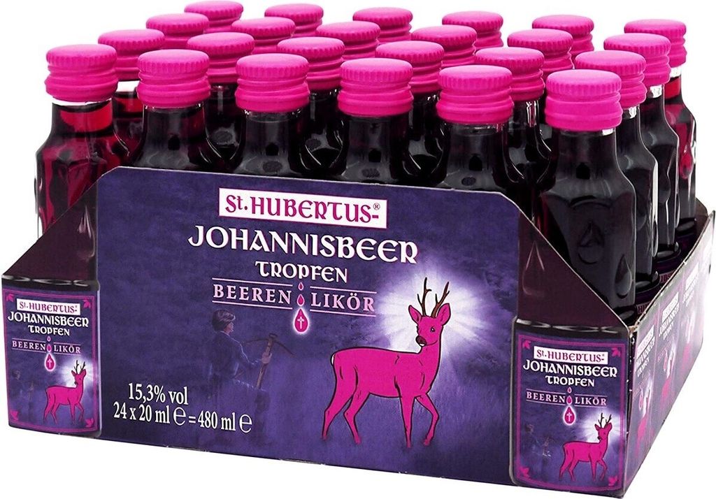 A display box of small bottles of St. Hubertus Johannisbeer Tropfen Beeren Likör.