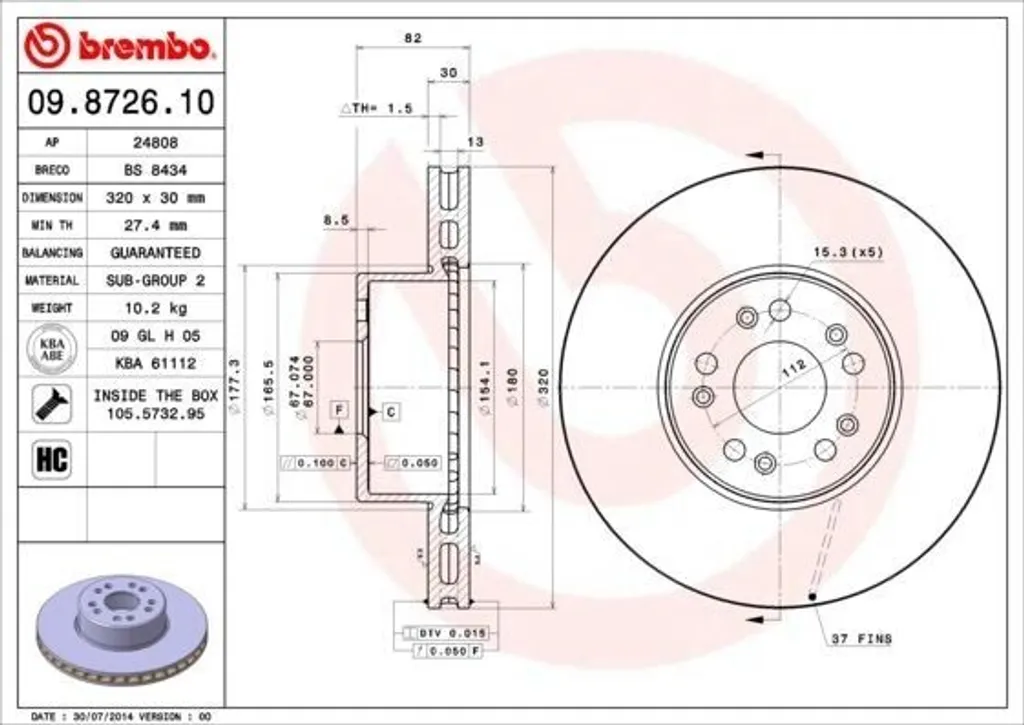 Disque de Frein Avant Ventilé Brembo 09.8726.10 Haute Performance