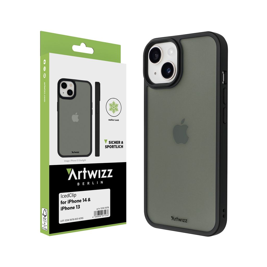 ARTWIZZ IcedClip für iPhone 14 / iPhone 13 - Matte Schutzhülle mit transluzenter Rückseite, Night-Black