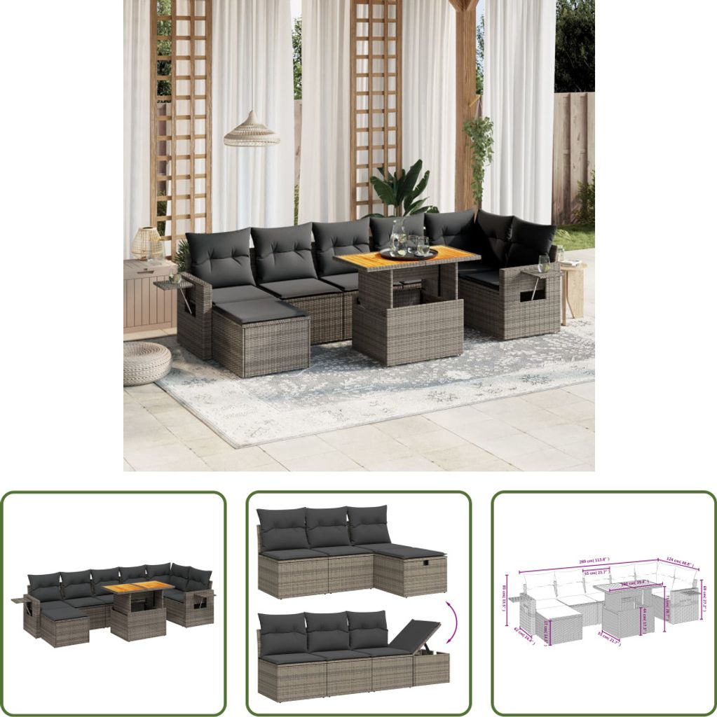 The Living Store 8-tlg. Garten-Sofagarnitur mit Kissen Grau Poly Rattan