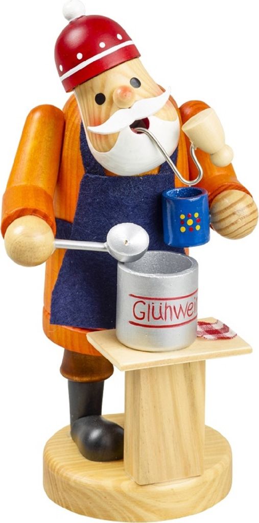 Räuchermännchen Glühweinverkäufer trägt orangefarbene Jacke, dunkelblaue Schürze und eine rote Mütze