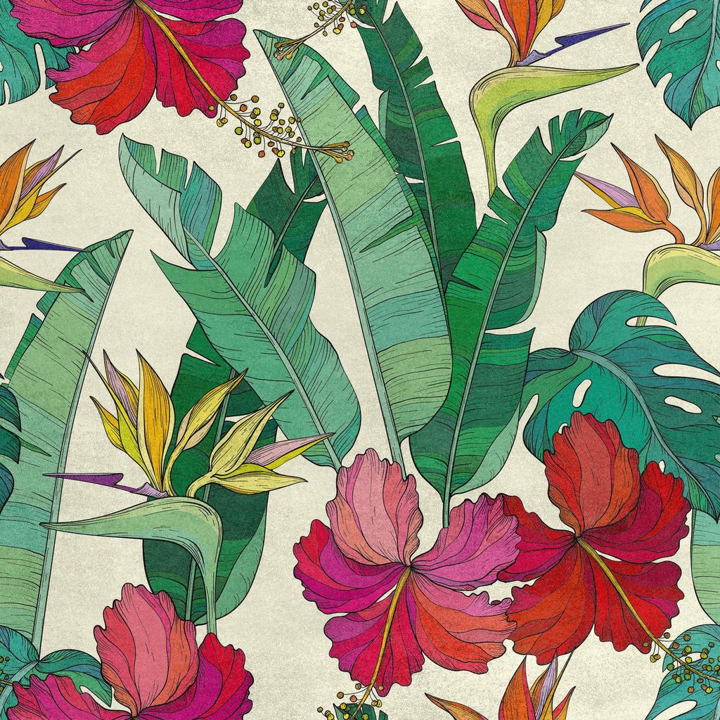 Royal Samt Stoff Polyester Zum Nähen - Motiv Hibiskus auf Bananenblättern