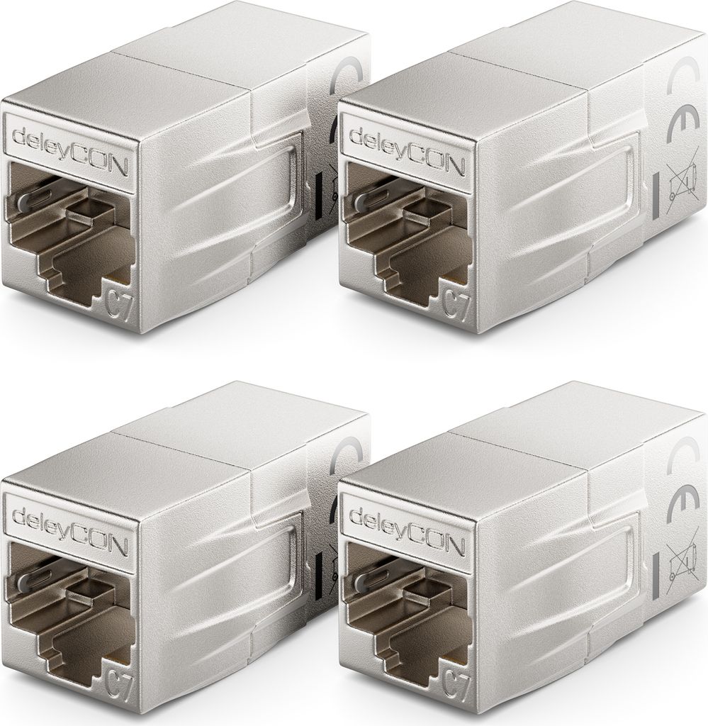 deleyCON 4 Stück CAT 7 Kupplung Verbinder Adapter Metall Patchkabel LAN DSL Ethernet RJ45 Verlängerung 2x RJ45 Buchse 600 MHz 10Gbps Silber