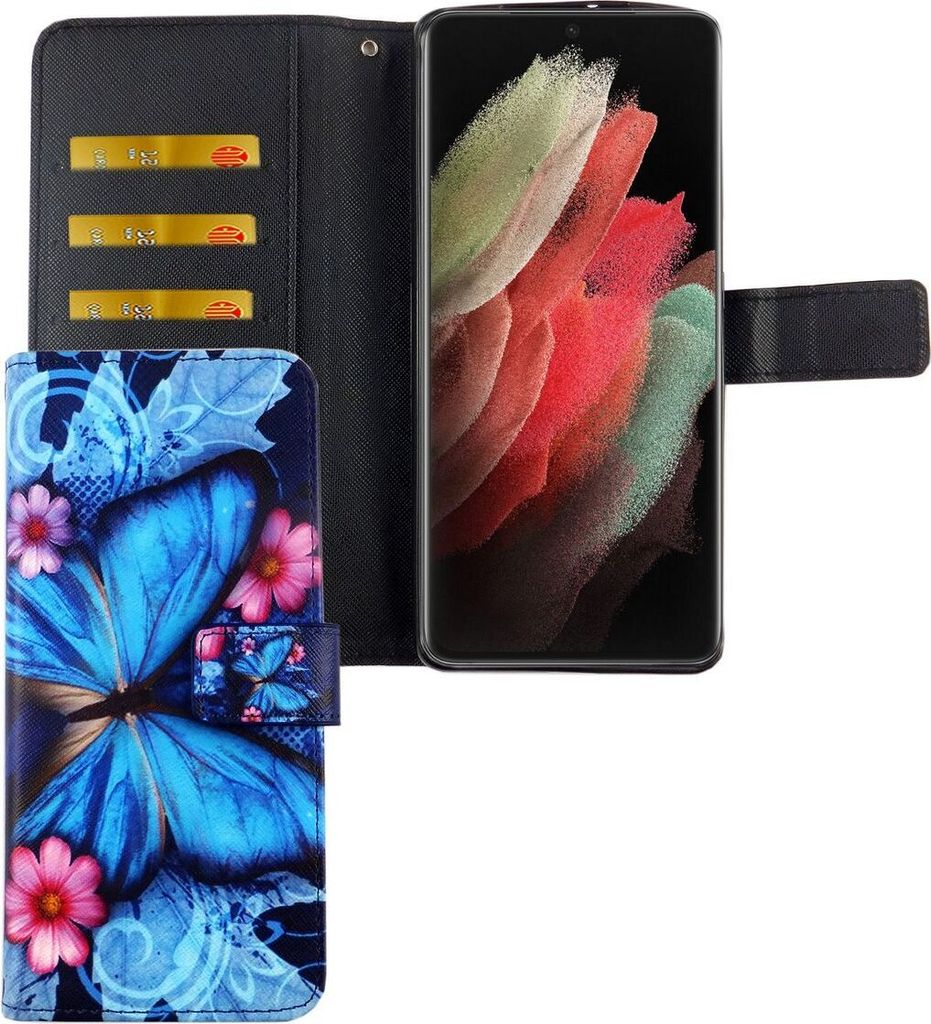 Samsung Galaxy S21 Ultra Tasche Handy Hülle Schutz-Cover Flip-Case mit Kartenfach Blauer Schmetterling