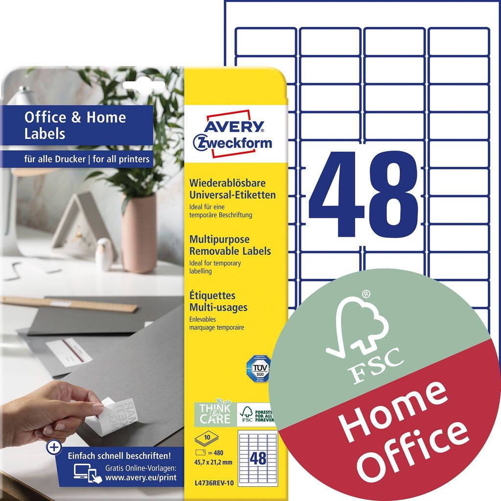 Avery L4736REV-10, Biela, Laserový, 45.7 x 21.2 mm, 480 Obrázok produktu 