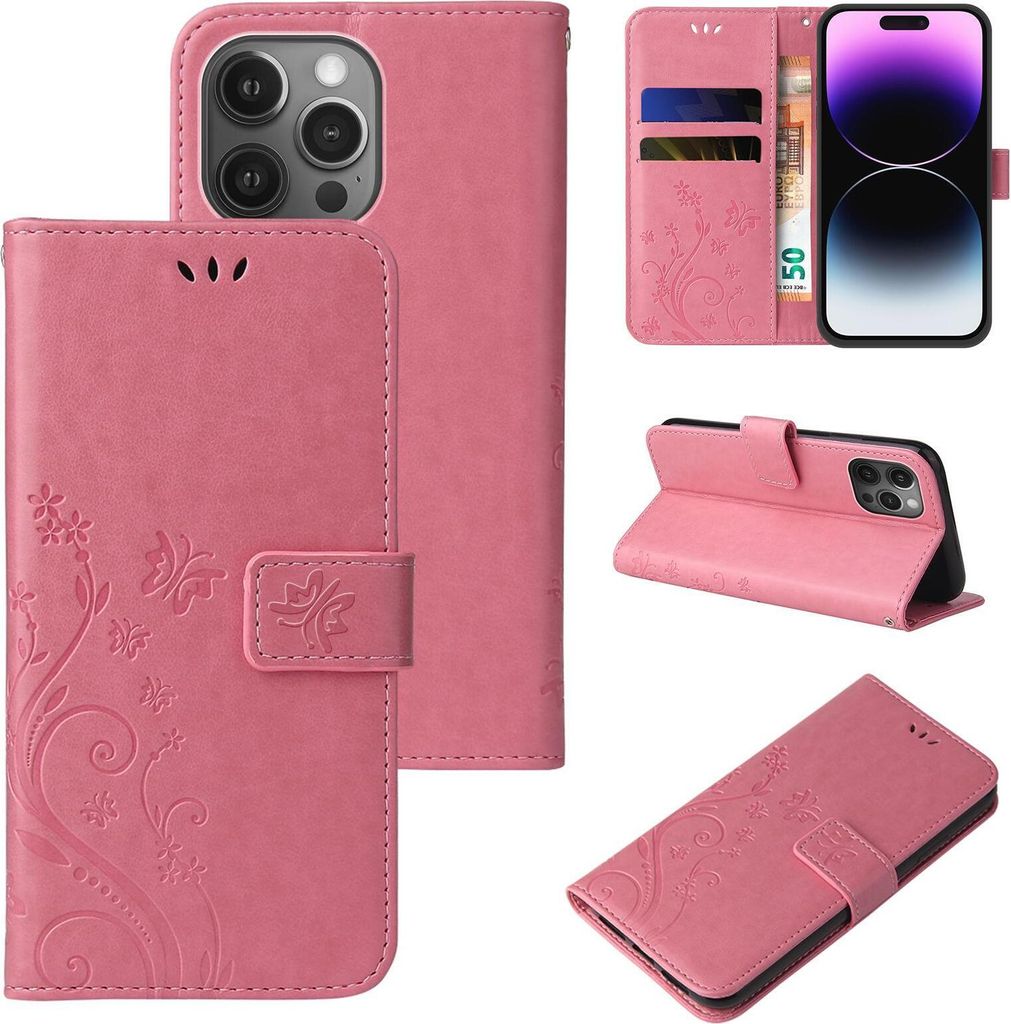 Handyhülle für Apple iPhone 14 Pro Floral Blumen Schmetterling Flip Cover Hülle Case Klapphülle Handytasche Farbe: Rosegold