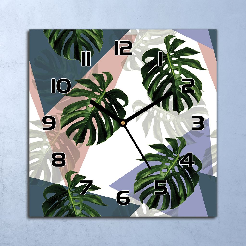 Wanduhr Echt-Glas-Küchenuhr Fensterblätter und Dreiecke Quarz 30x30 Deko Bilder