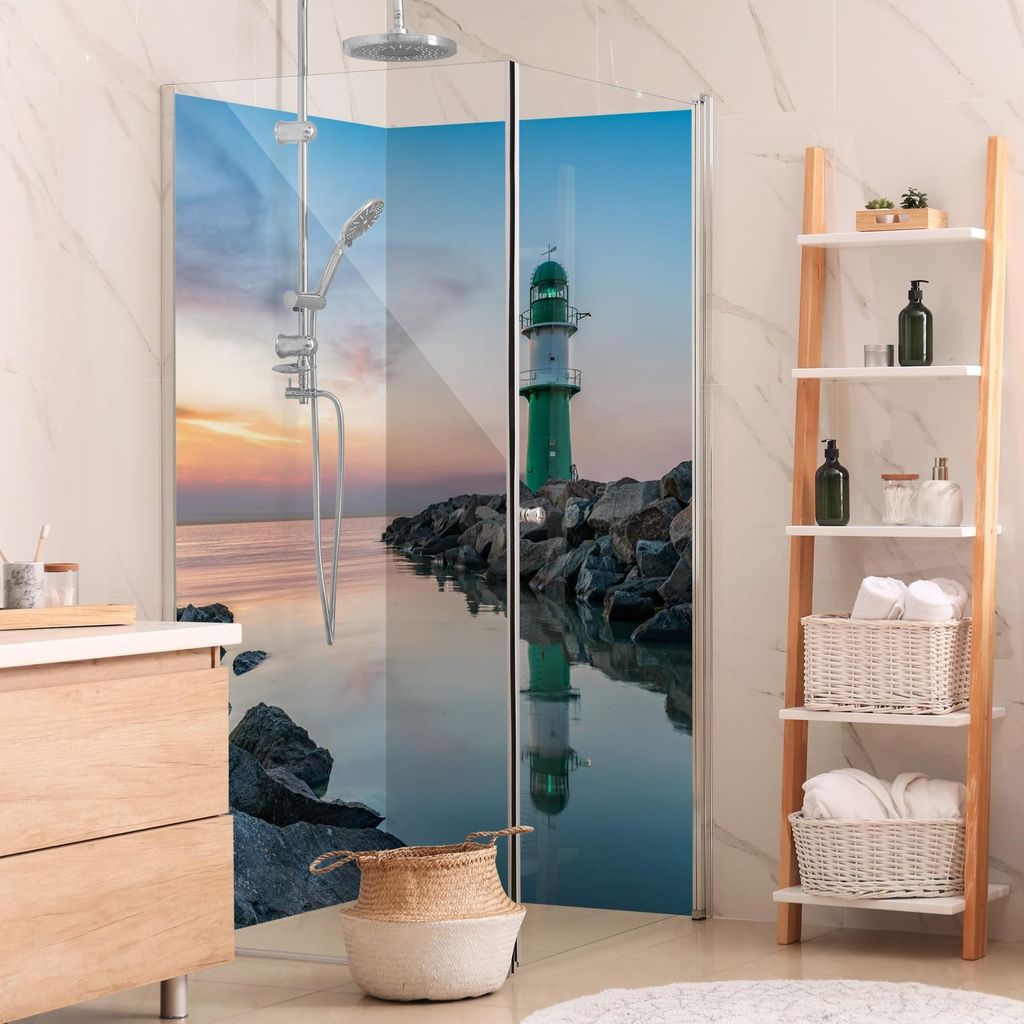 Duschrückwand Strand selbstklebend - 0.61 mm Wandpaneel wasserfest Küste blau Maritim Badrückwand fugenlos Premium matt 90x210 cm