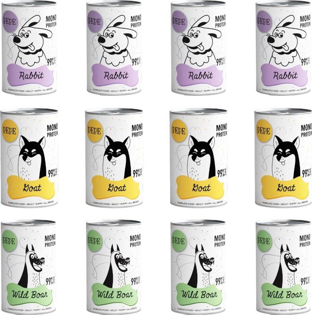 A grid of 12 cans of dog food, with three rows and four columns. Each row features a different flavor: Rabbit, Goat, and Wild Boar.