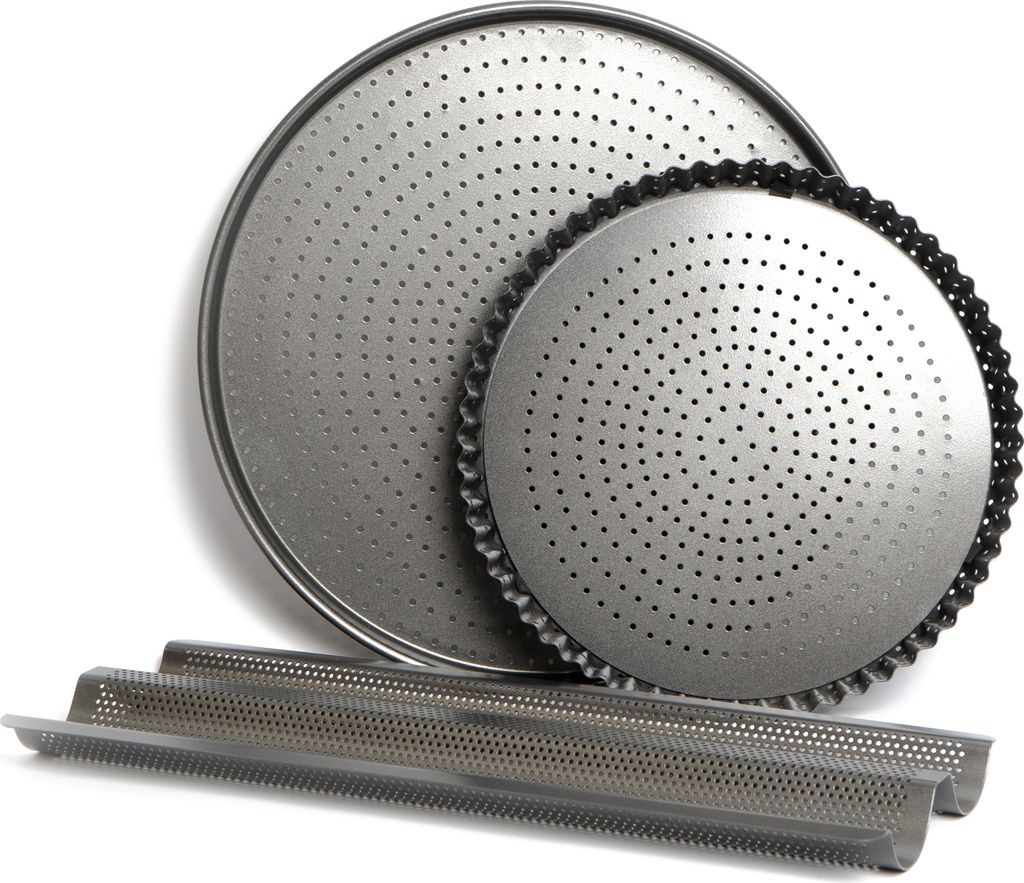 Master Class 3 Stück Backformen Set Antihaftbeschichtet 30 cm Flan-/Quicheform, 32 cm Pizzablech und 39 cm Baguetteblech