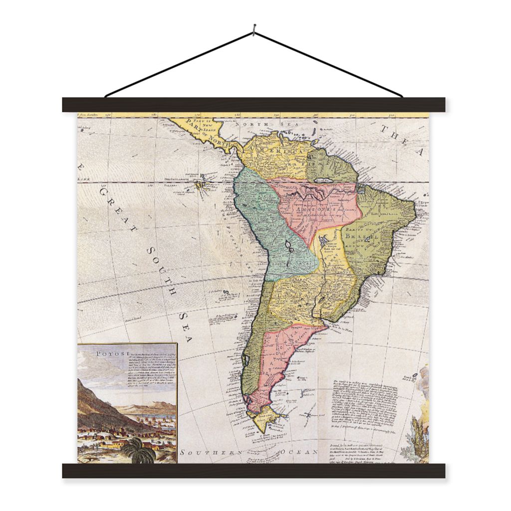 MuchoWow Textilposter Kontinent - Südamerika - Karte - Antike 60x60 cm mit schwarzem Rahmen - Posteraufhänger
