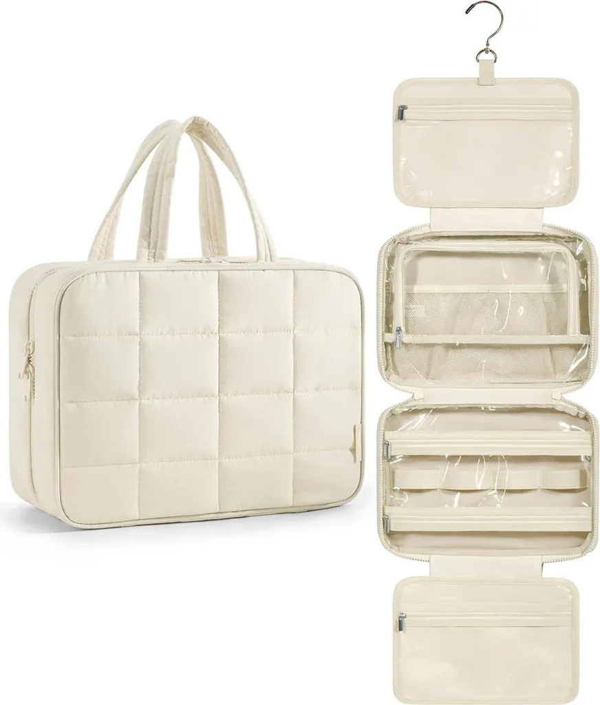 BAGSMART Trousse de toilette à suspendre beige avec compartiment bijoux