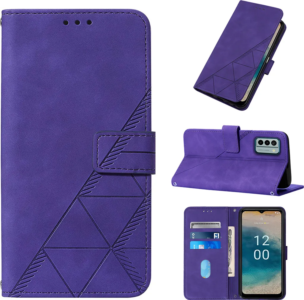 Custodia in pelle flip per Nokia G22 con design a portafoglio e goffratura, porta carte e supporto Viola