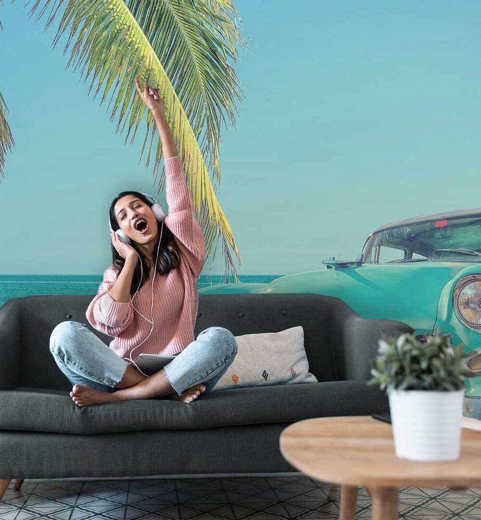 Fototapete Fahrzeug am Strand unter Palme, Material:Premium Vlies 150g/qm, Größe Tapete:390 x 300cm