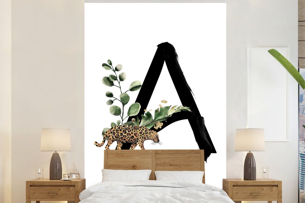 MuchoWow Fototapete für Wohnzimmer oder Schlafzimmer Wandtapete Vinyl Motivtapete Dschungel - Leopard - Buchstabe A - 170x260 cm - Wohnzimmertapete