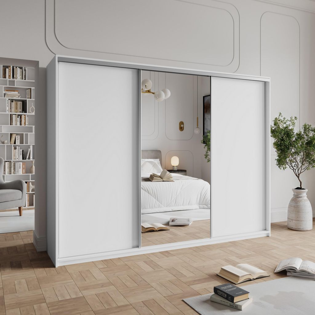 Masseno Schiebetürenschrank TAVI 250/205/60 cm Kleiderschrank mit 4 Schubladen Schlafzimmer Schrank 3-türig mit Spiegel Weiß