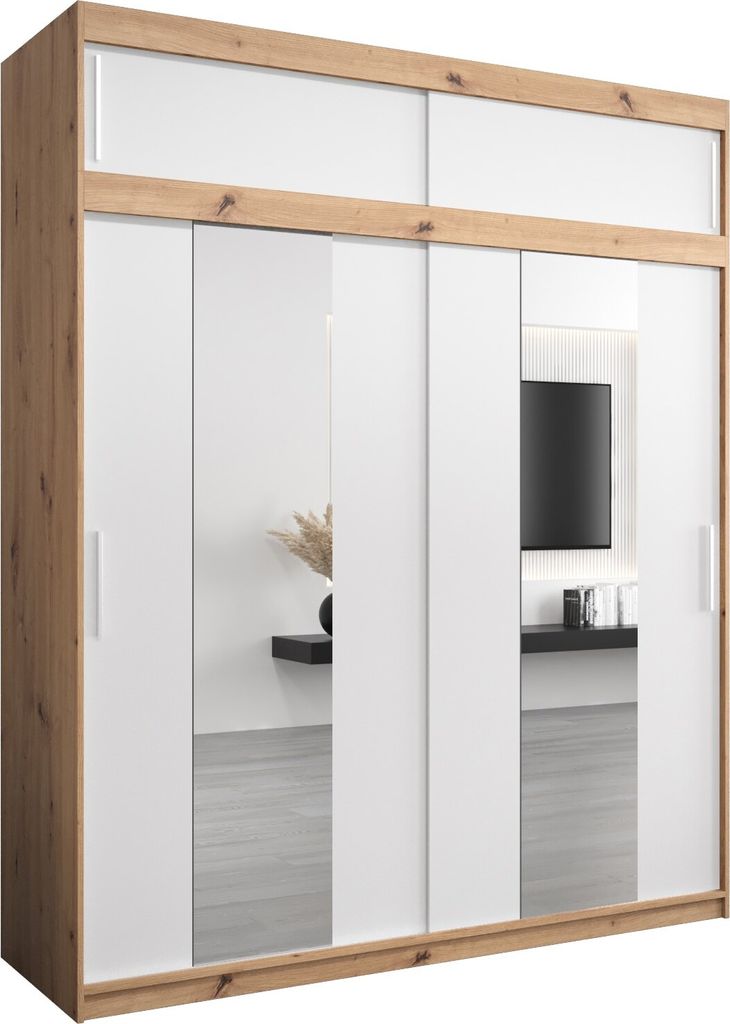 Kleiderschrank, Schiebetürenschrank Schlafzimmer, Schrank mit Spiegel POLE 200 mit Aufsatz, Höhe 240 cm