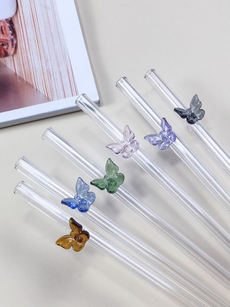 Glasstrohhalme mit Schmetterlingen bunt 6er-Set mit Bürste klar 20cm x 8mm