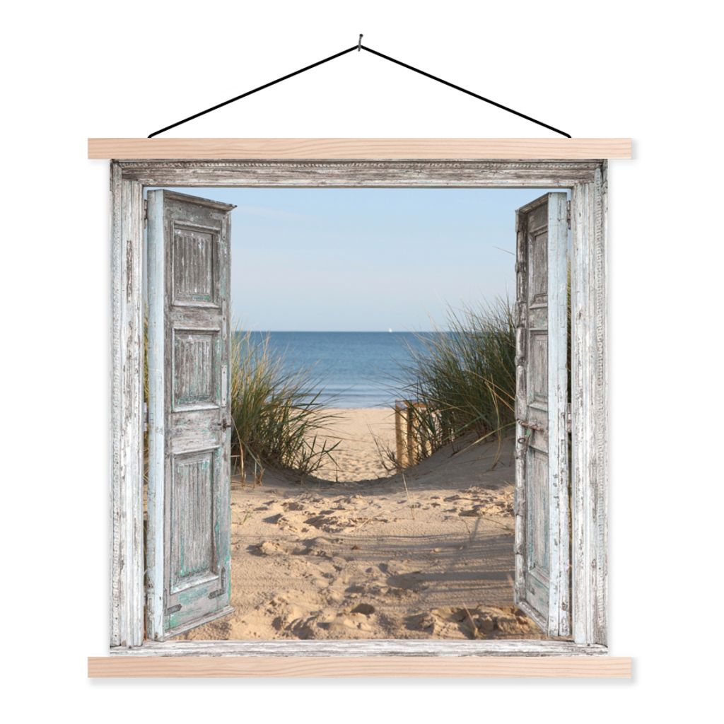 MuchoWow Textilposter Düne - Strand - Aussicht - Sommer 40x40 cm mit holzfarbenen Rahmen - Posterleiste