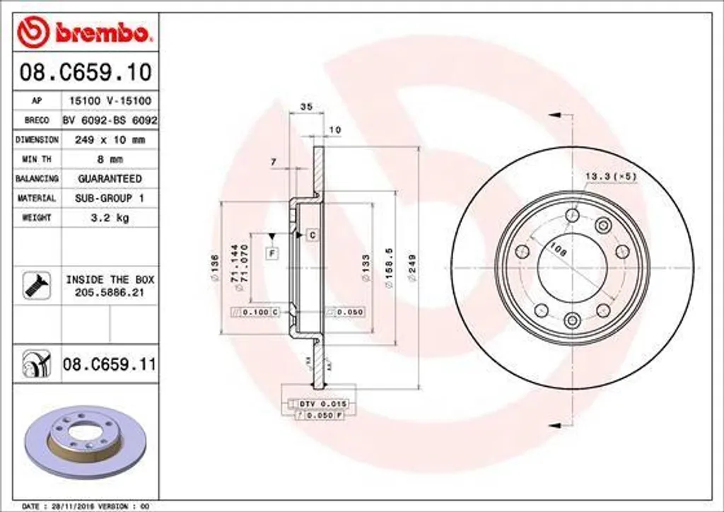 Brembo 08.C659.11 Disque de Frein OE 1610761980 pour Peugeot 308 II SW