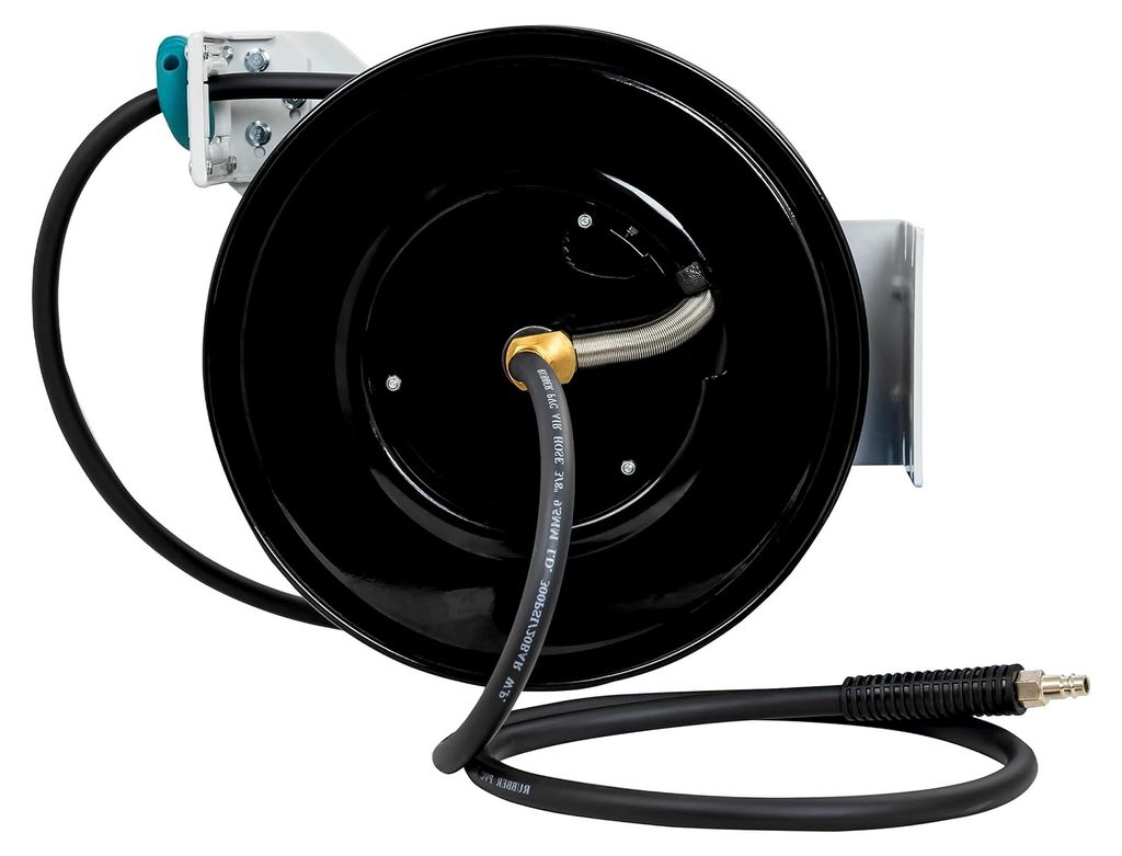 Automatischer Pneumatik-Schlauchaufroller 10 m 3/8", Metallgehäuse, 20 bar, ölresistenter Hybrid-Schlauch mit Führung und Verriegelungssystem