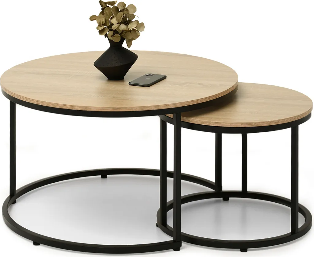 Table basse JACEK chêne Sonoma et pieds noirs - Duo de tables modernes