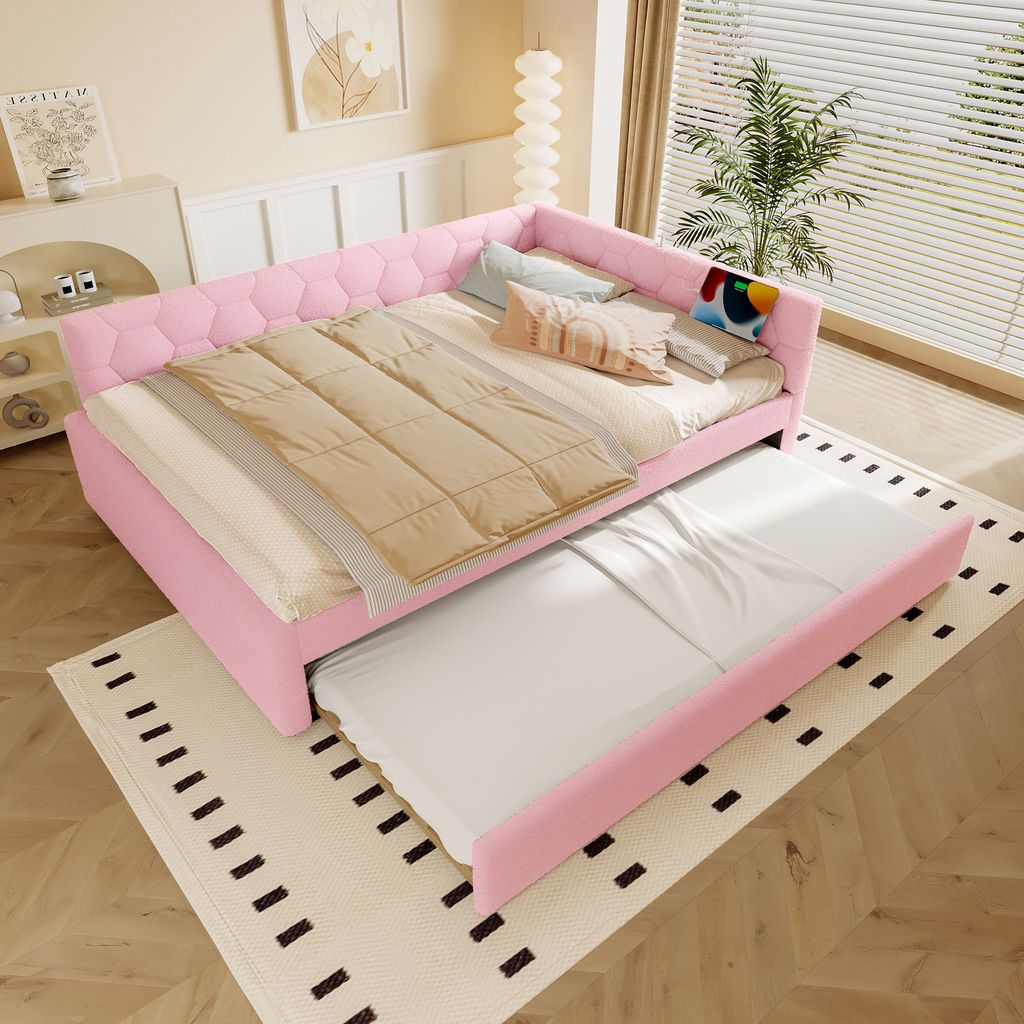 okwish Daybett 140x200, Schlafsofa mit Lattenrost,Tagesbett mit Ausziehbett und Nachttischlampe,Jugendbett mit USB-Anschluss&Typ-C,ohne Matratze,Rosa