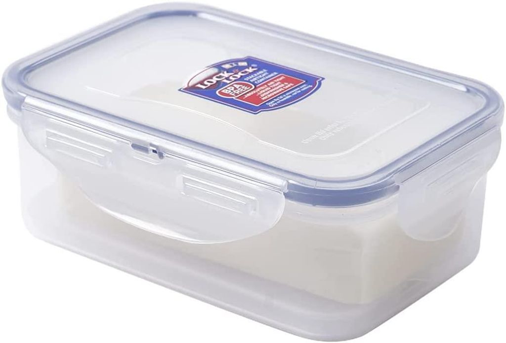A clear, well-lit studio shot of a LocknLock food storage container filled with a white substance, placed on a white background.
