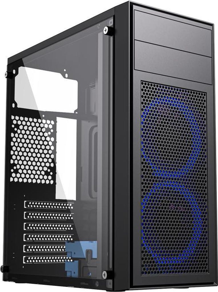 A computer case with a clear side panel and blue fans.