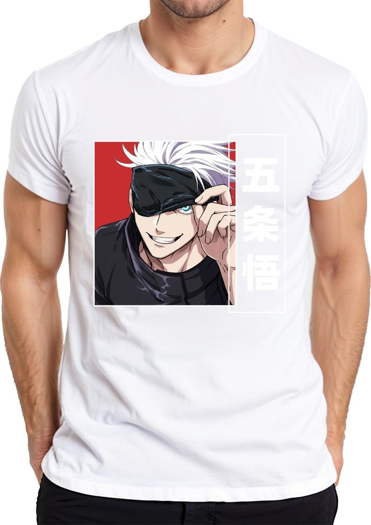 Jujutsu Kaisen Gojo Satoru 五条悟 Anime Ästhetik Augenbinde weißes Haar Herren T-Shirt, Weiß, S