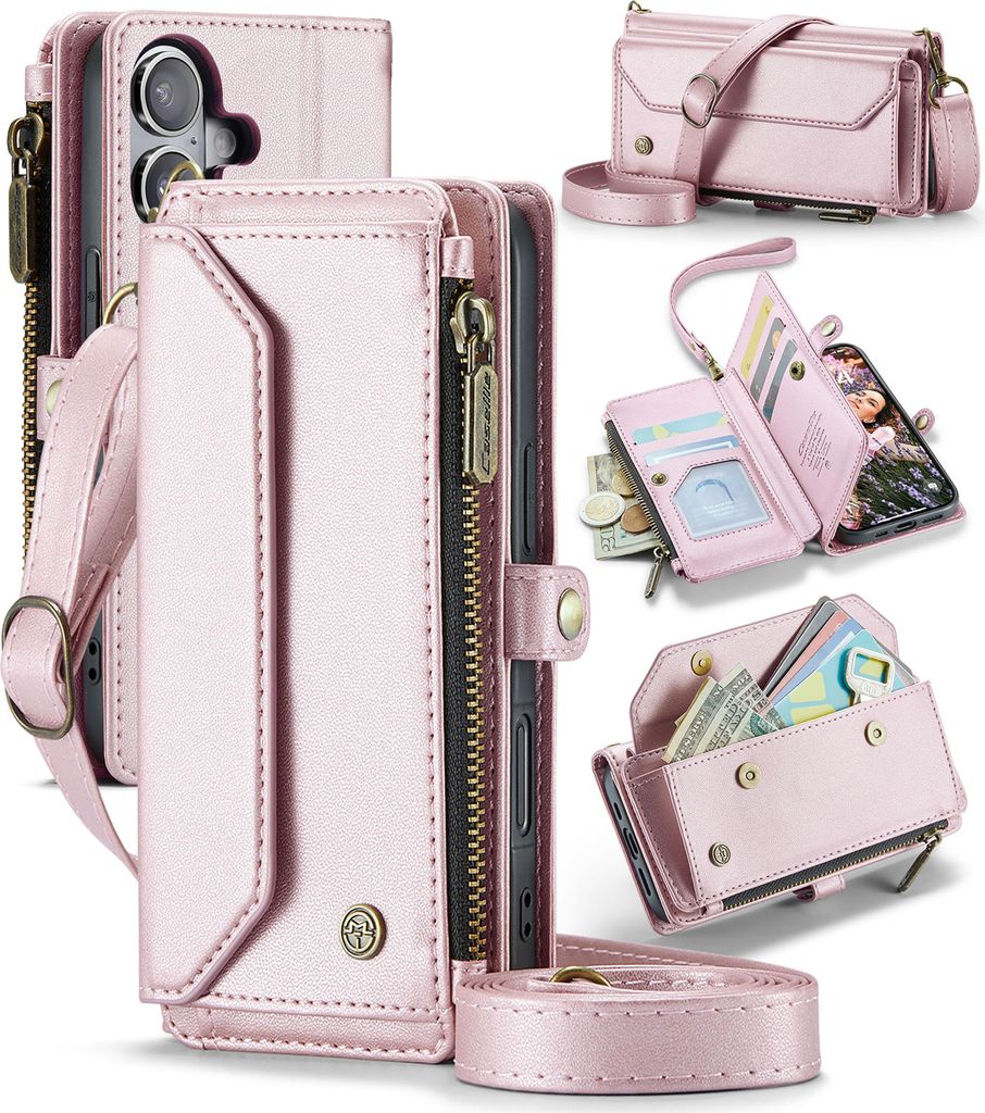 CaseMe Hülle geeignet für iPhone 16 - Portemonnaie Hülle mit Band - Rosa