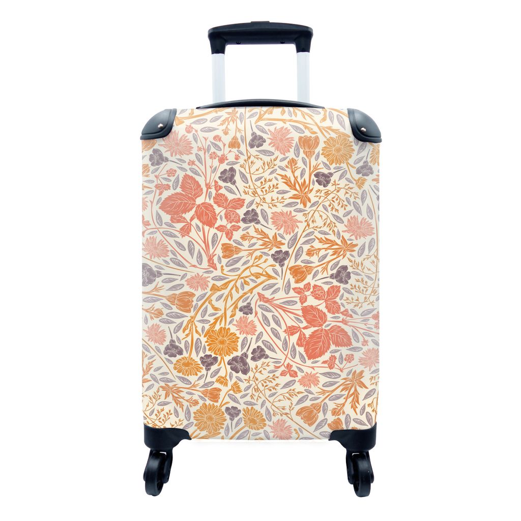 MuchoWow Koffer Handgepäck Trolley Rollkoffer Kleine Reisekoffer mit 4 Rollen - Design - Blumen - Orange - Rot - Cabin Size < 55x40x23 cm & 55x4...