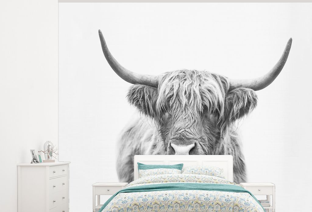 MuchoWow Fototapete für Wohnzimmer oder Schlafzimmer Wandtapete Vinyl Motivtapete Schottischer Highlander - Tiere - Hörner - Schwarz und weiß ...