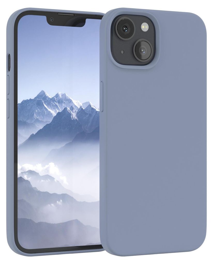 A blue silicone phone case is shown on a white background, with a smartphone inside it displaying a mountain landscape.