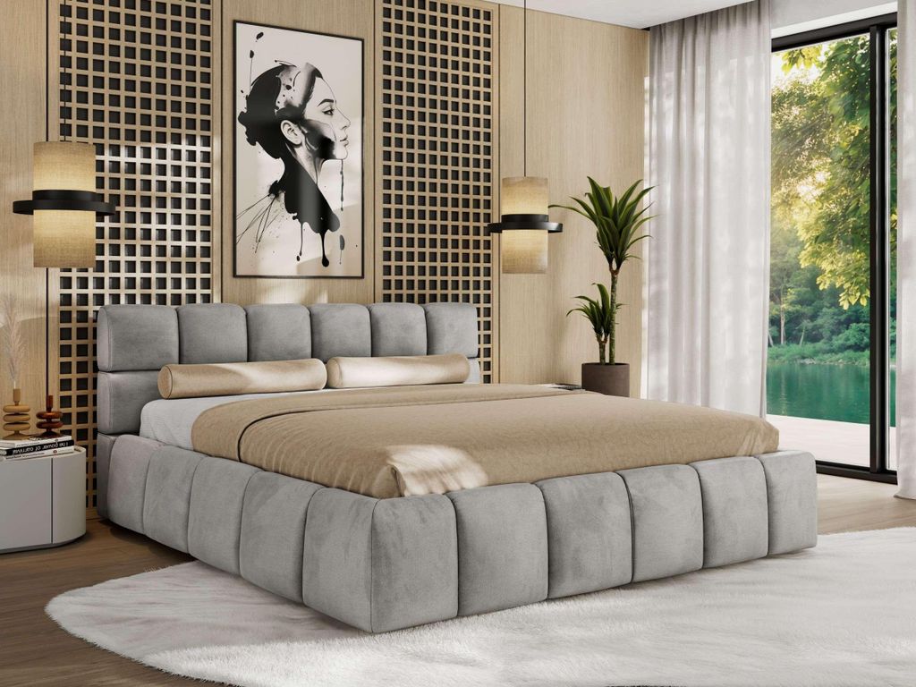 MKS MEBLE Polsterbett NIRA CLASSIC mit Bettkasten & Lattenrost gepolstertem Kopfteil Stauraumbett Gasdruck Foam Matratze MIRO LUX 140x200 Hellgrau ...