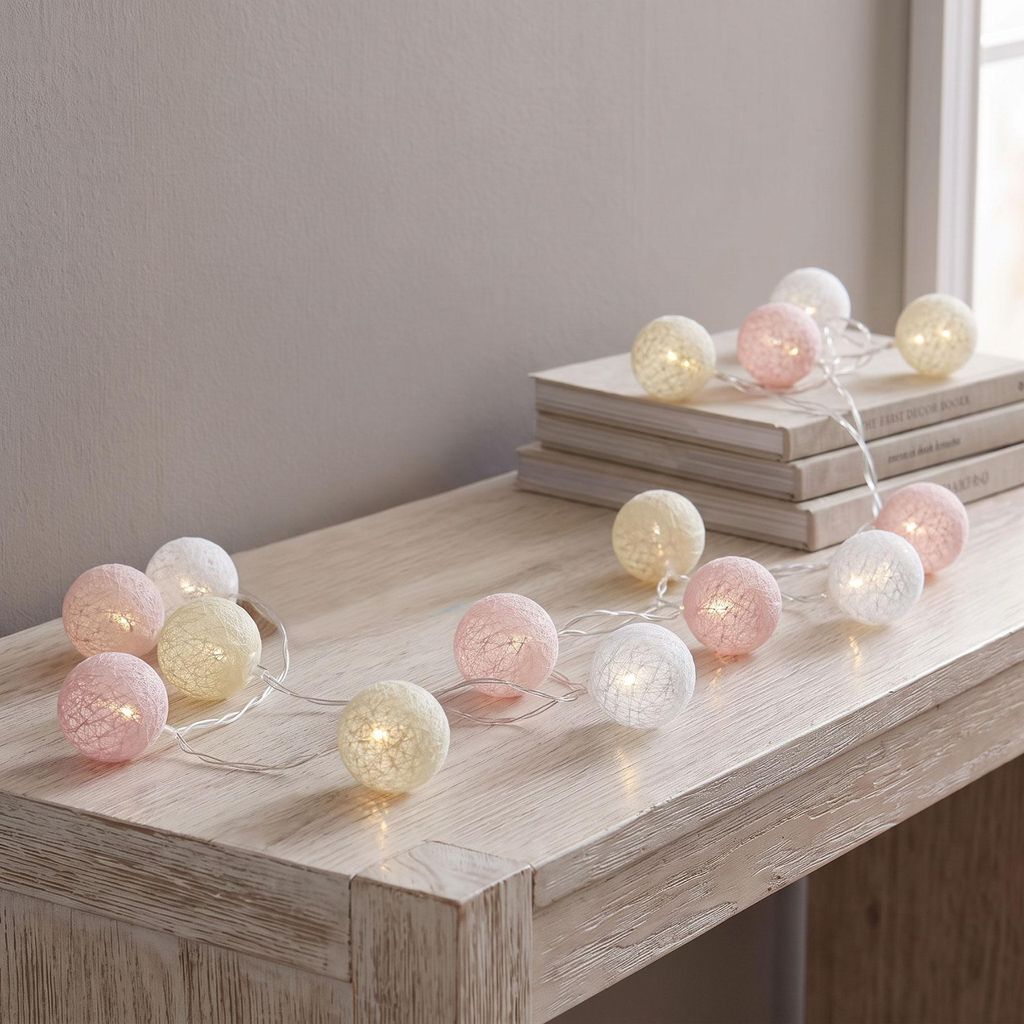 LED Lichterkette Baumwolle Balls Beige Rosa Weiss Produktbild 