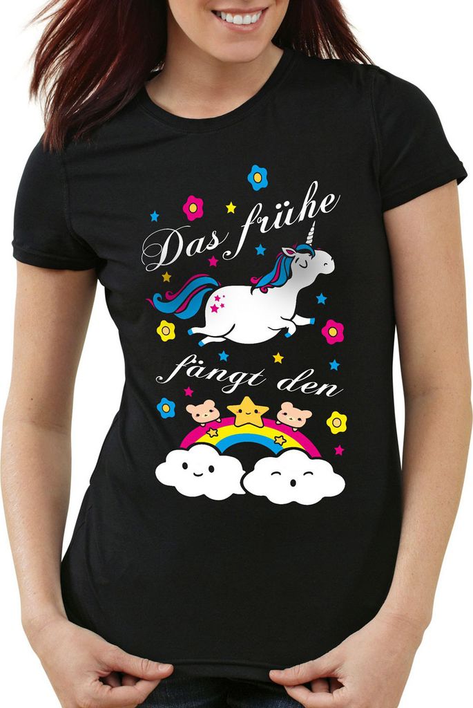 style3 Das frühe Einhorn fängt den Regenbogen Damen T-Shirt, Farbe:Schwarz, Größe:L