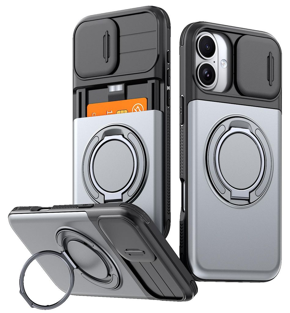 Handyhülle mit Kartenfach für iPhone 15, Schiebe Kameraschutz, Ringhalter Ständer, Stoßfeste Schutzhülle Grau
