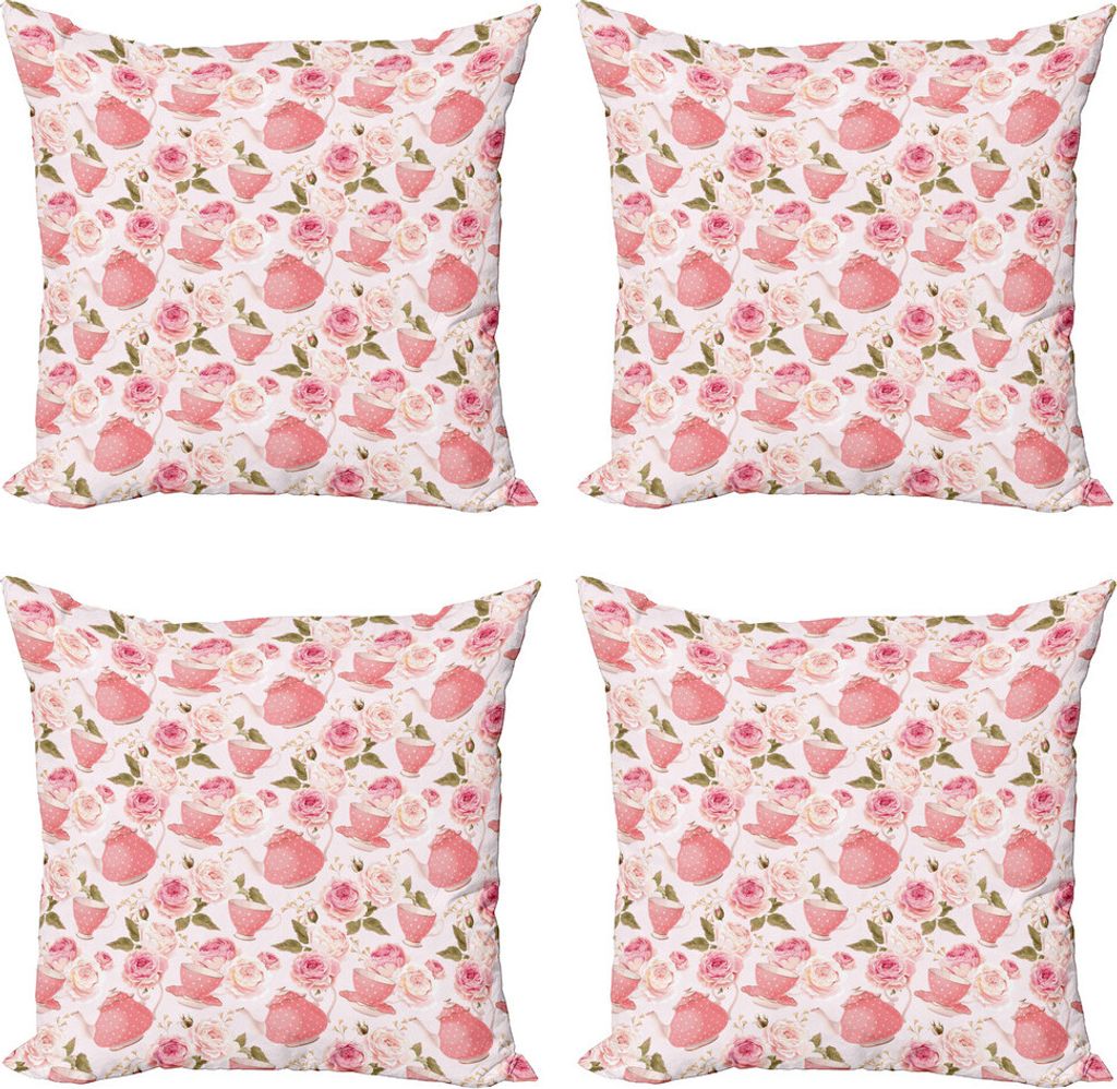 ABAKUHAUS Blumen Kissenbezug Set (4 Stück), Vintage Tea Cups Roses, Moderner Doppelseitiger Digitaldruck, 40 cm x 40 cm, Farn-Grün Hellrosa