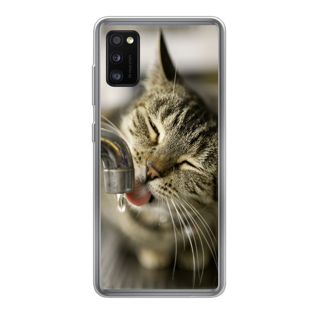 MuchoWow Handyhülle Schutzhülle Hülle für Samsung Galaxy A41 Katze - Wasserhahn - Getränk Silikon Softcase Handy Hülle - Mobiltelefon