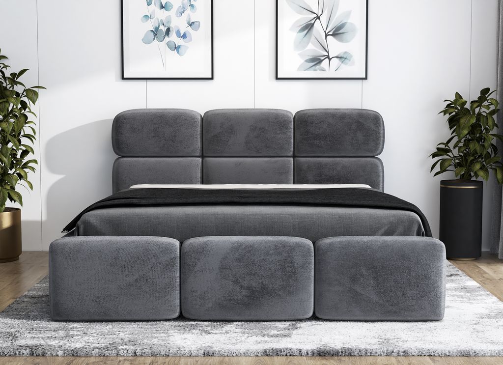 Polsterbett MAROKO-OM 120x200 cm mit Bettkasten und Lattenrost. Farbe: Grau.