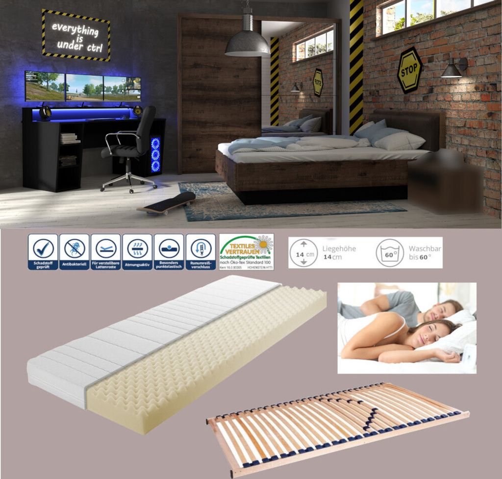 Jugendzimmer Gaming Zimmer Tezaur "Jacky" von Forte 5 teilig mit großem Gaming Tisch, Bett, Schwebetürenschrank, Lattenrost und Matratze - Jugend...