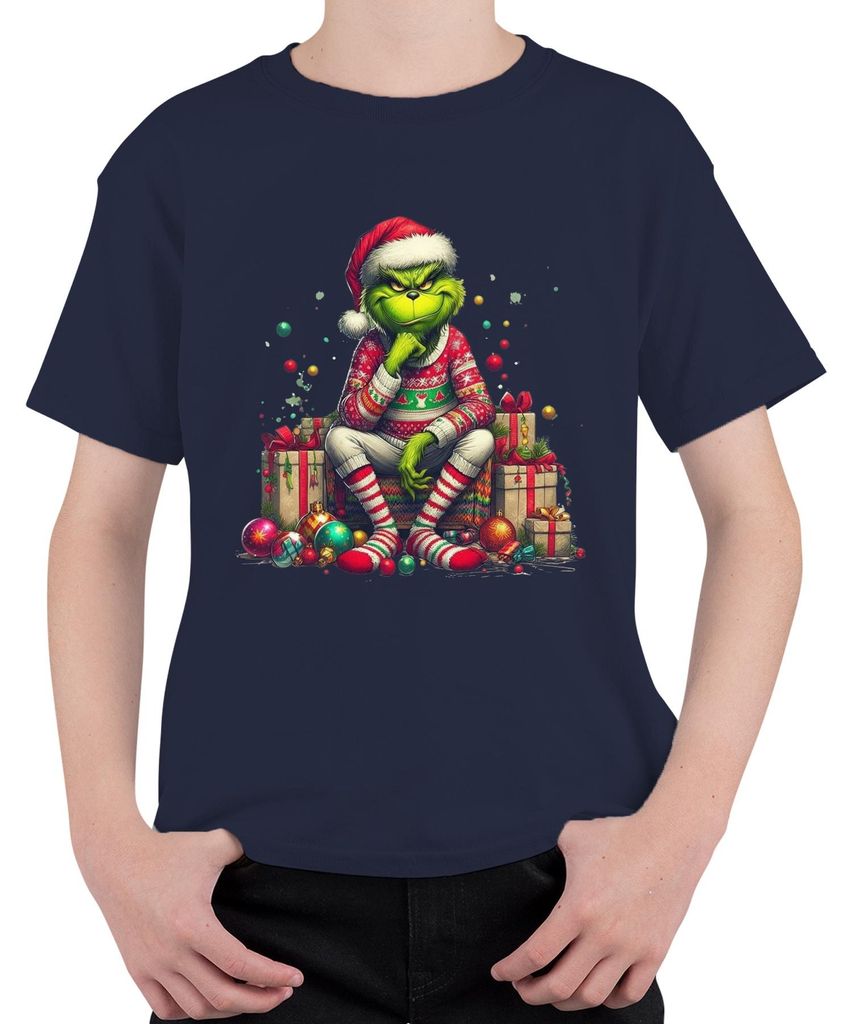 Grinch Weihnachtsgeschenk lustig böse Geschenkidee Retro Uni Kinder T-Shirt, Navy, 104